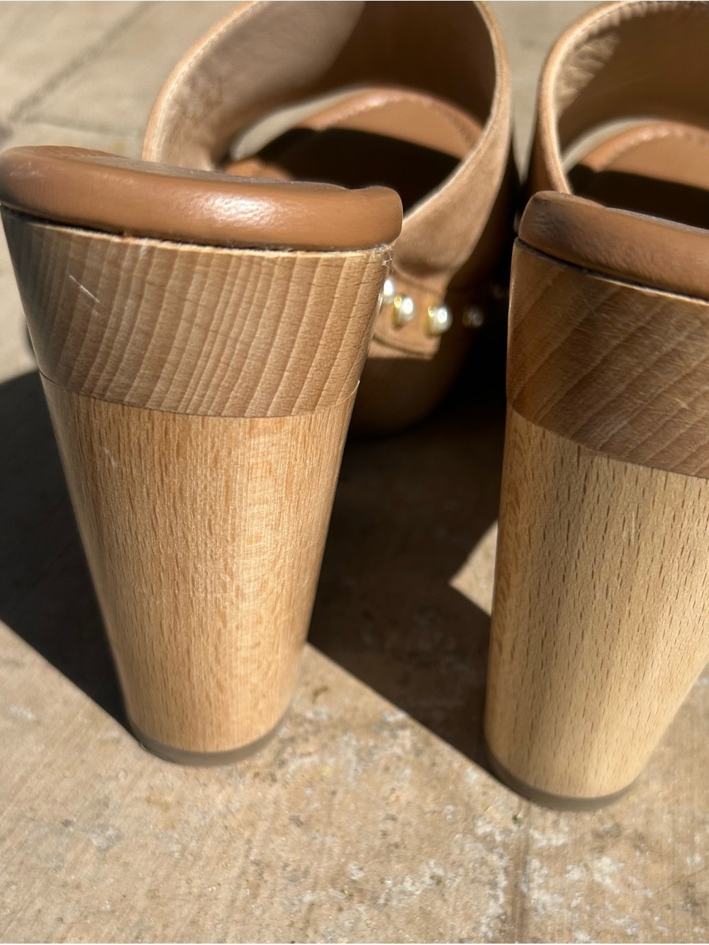 Stuart Weitzman Tan Suede Pearl-Trim Platform Mules - Picture 5 of 8